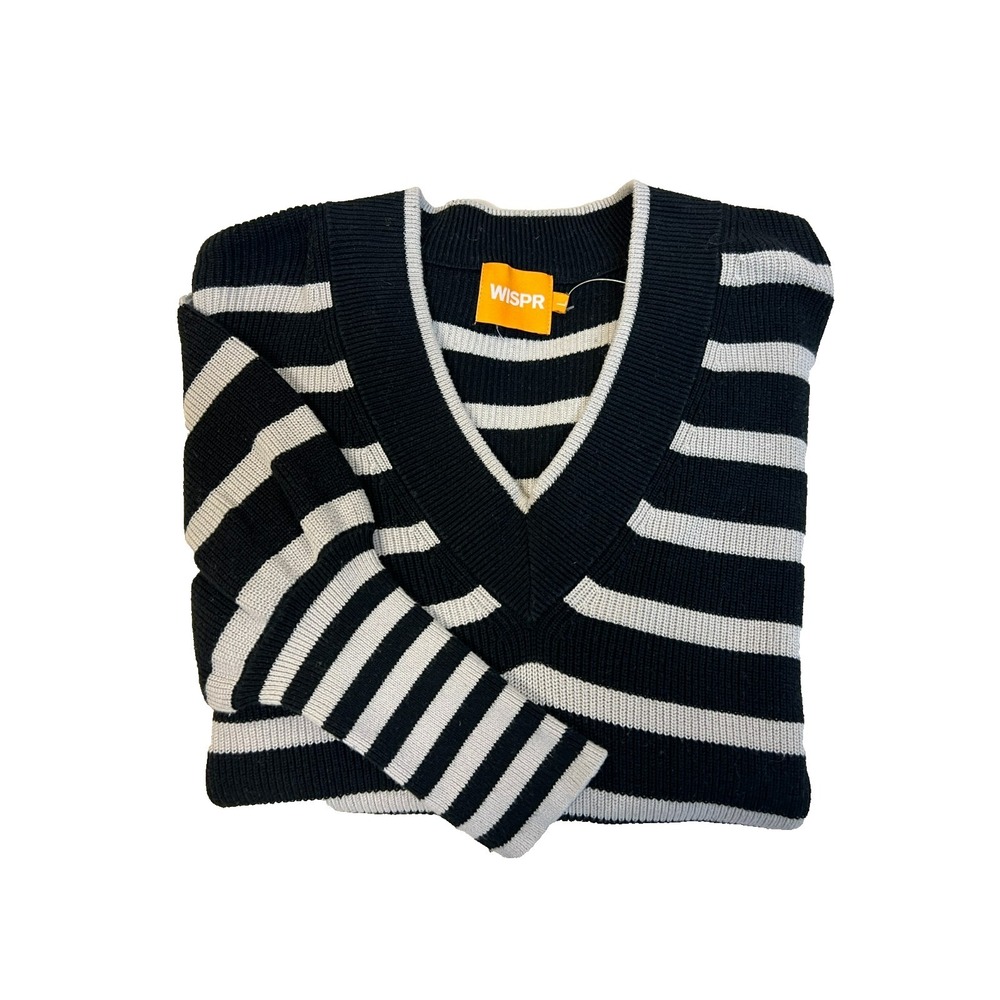 WISPR V-Neck Pullover Sweater Black Tan Stripe Cotton Blend Drop Shoulder‎ SZ L